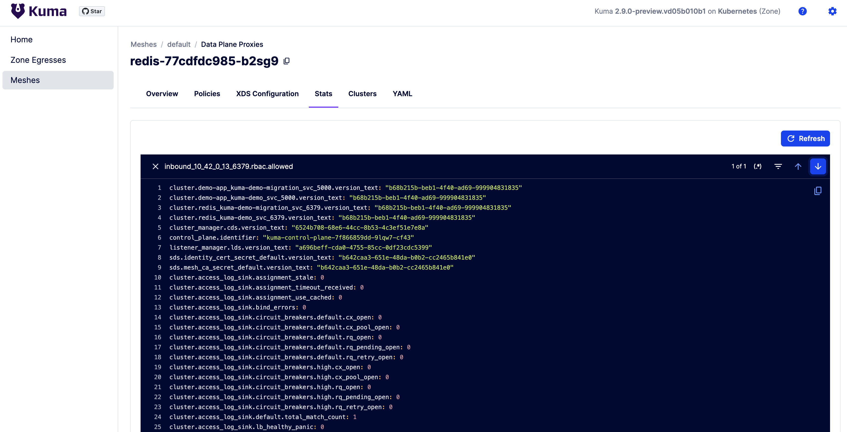 Data Plane Proxies Stats metric for inbound_POD_IP_6379.rbac.allowed